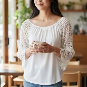 White Lace Women’s Blouse Size M | Boho Crochet Sleeve Peasant Top